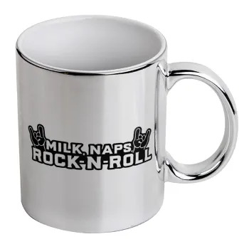 Milk, Naps, Rock N Roll, Mug ceramic, silver mirror, 330ml