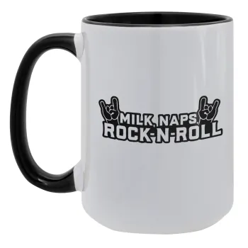 Milk, Naps, Rock N Roll, Κούπα Mega 15oz, κεραμική Μαύρη, 450ml