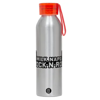 Milk, Naps, Rock N Roll, Αλουμινένιο Αθλητικό Μπουκάλι 650ml – Ασημί με Κόκκινο Καπάκι και Λουράκι Σιλικόνης
