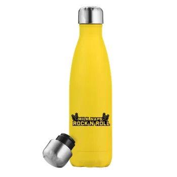 Milk, Naps, Rock N Roll, Yellow Stainless Steel Metallic Thermos, double-walled, 500ml
