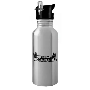 Milk, Naps, Rock N Roll, Water bottle Silver with straw, stainless steel 600ml