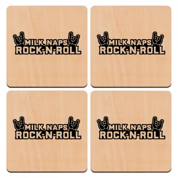 Milk, Naps, Rock N Roll, ΣΕΤ x4 Σουβέρ ξύλινα τετράγωνα plywood (9cm)