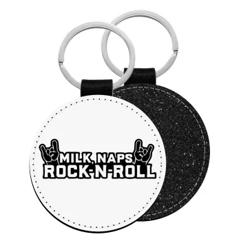 Milk, Naps, Rock N Roll, Μπρελόκ Δερματίνη, στρογγυλό ΜΑΥΡΟ (5cm)