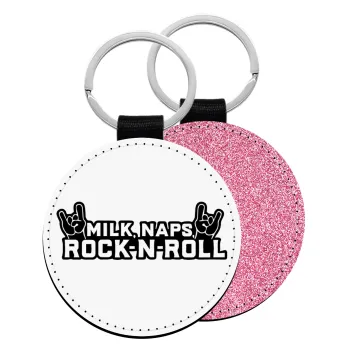 Milk, Naps, Rock N Roll, Μπρελόκ Δερματίνη, στρογγυλό ΡΟΖ (5cm)