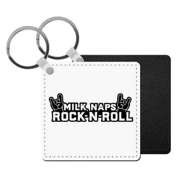 Milk, Naps, Rock N Roll, Μπρελόκ Δερματίνη, τετράγωνο ΜΑΥΡΟ (5x5cm)