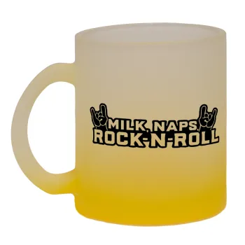 Milk, Naps, Rock N Roll, Κούπα γυάλινη δίχρωμη με βάση το κίτρινο ματ, 330ml