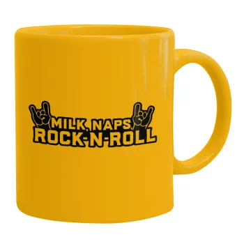 Milk, Naps, Rock N Roll, Ceramic coffee mug yellow, 330ml