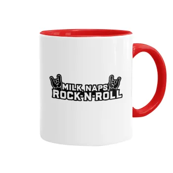 Milk, Naps, Rock N Roll, Κούπα χρωματιστή κόκκινη, κεραμική, 330ml