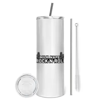 Milk, Naps, Rock N Roll, Tumbler ποτήρι θερμό από ανοξείδωτο ατσάλι 600ml, με μεταλλικό καλαμάκι & βούρτσα καθαρισμού