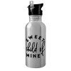 Water bottle Silver with straw, stainless steel 600ml