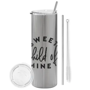 Sweet child of mine!, Tumbler ποτήρι θερμό Ασημένιο από ανοξείδωτο ατσάλι 600ml, με μεταλλικό καλαμάκι & βούρτσα καθαρισμού
