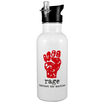 Rage against the machine, White water bottle with straw, stainless steel 600ml