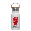 Metallic thermos (Stainless steel) White with wooden lid (bamboo), double-walled, 350ml