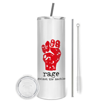 Rage against the machine, Tumbler ποτήρι θερμό από ανοξείδωτο ατσάλι 600ml, με μεταλλικό καλαμάκι & βούρτσα καθαρισμού