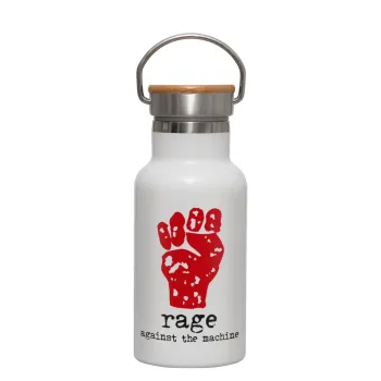 Rage against the machine, Metallic thermos (Stainless steel) White with wooden lid (bamboo), double-walled, 350ml