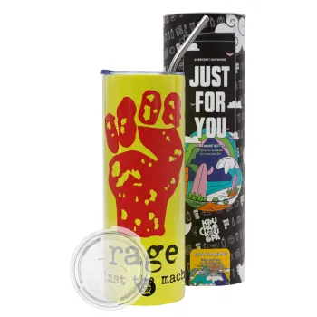 Rage against the machine, Neon Yellow Travel Tumbler θερμό, μεταλλικό καλαμάκι(Ανωξείδωτο 304 Food grade, BPA free, 600ml)