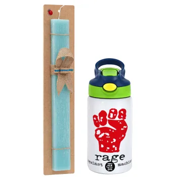 Rage against the machine, Easter Set, Children's thermal stainless steel bottle with safety straw, green/blue (350ml) & aromatic flat Easter candle (30cm) (TURQUOISE)