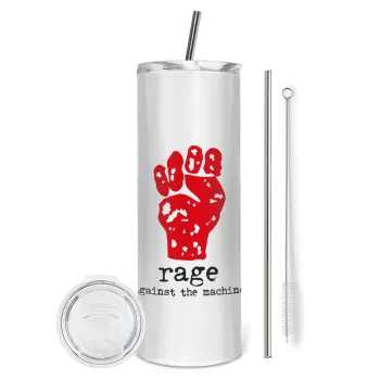 Rage against the machine, Tumbler ποτήρι θερμό από ανοξείδωτο ατσάλι 600ml, με μεταλλικό καλαμάκι & βούρτσα καθαρισμού