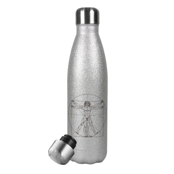 Leonardo da vinci Vitruvian Man, Metallic Glitter Silver Thermos Flask (Stainless steel), double-walled, 500ml