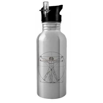 Leonardo da vinci Vitruvian Man, Water bottle Silver with straw, stainless steel 600ml