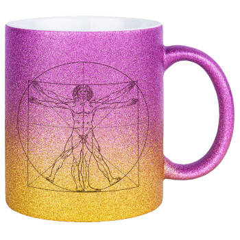 Leonardo da vinci Vitruvian Man, Κούπα Χρυσή/Ροζ Glitter, κεραμική, 330ml