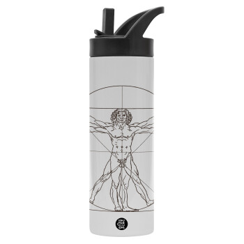 Leonardo da vinci Vitruvian Man, Metallic thermos bottle with straw & handle, stainless steel (Stainless steel 304), double-walled, 600ml.