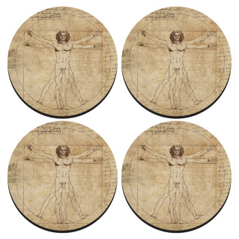 Leonardo da vinci Vitruvian Man, SET of 4 round wooden coasters (9cm)