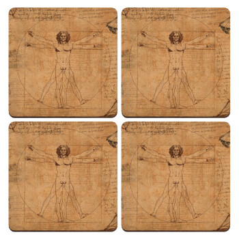 Leonardo da vinci Vitruvian Man, ΣΕΤ x4 Σουβέρ ξύλινα τετράγωνα plywood (9cm)