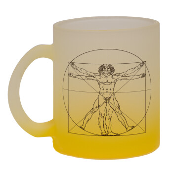 Leonardo da vinci Vitruvian Man, Κούπα γυάλινη δίχρωμη με βάση το κίτρινο ματ, 330ml