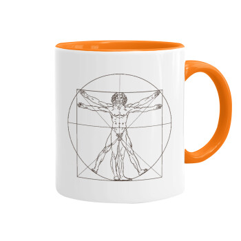 Leonardo da vinci Vitruvian Man, Mug colored orange, ceramic, 330ml
