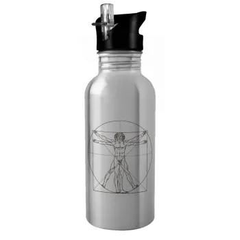 Leonardo da vinci Vitruvian Man, Water bottle Silver with straw, stainless steel 600ml