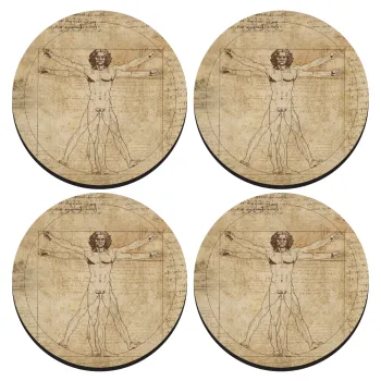 Leonardo da vinci Vitruvian Man, SET of 4 round wooden coasters (9cm)