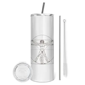 Leonardo da vinci Vitruvian Man, Tumbler ποτήρι θερμό από ανοξείδωτο ατσάλι 600ml, με μεταλλικό καλαμάκι & βούρτσα καθαρισμού