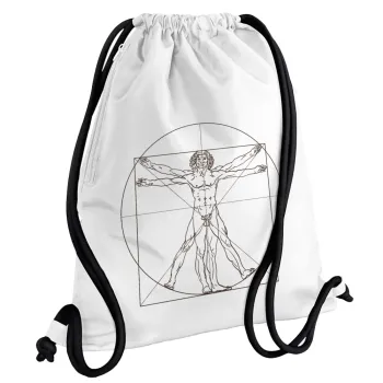 Leonardo da vinci Vitruvian Man, Backpack pouch GYMBAG white, with pocket (40x48cm) & thick cords