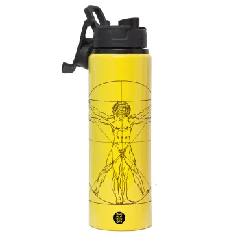 Leonardo da vinci Vitruvian Man, Μεταλλικό παγούρι νερού με καπάκι ασφαλείας, αλουμινίου 850ml