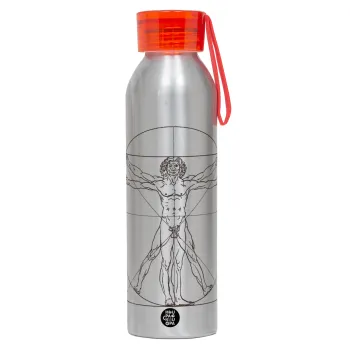 Leonardo da vinci Vitruvian Man, Αλουμινένιο Αθλητικό Μπουκάλι 650ml – Ασημί με Κόκκινο Καπάκι και Λουράκι Σιλικόνης