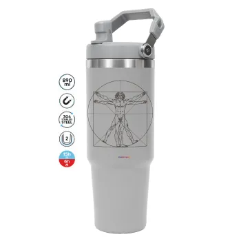 Leonardo da vinci Vitruvian Man, ΓΚΡΙ χρώματος Θερμός Ανοξείδωτο 890ml (30oz) με χερούλι