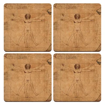 Leonardo da vinci Vitruvian Man, ΣΕΤ x4 Σουβέρ ξύλινα τετράγωνα plywood (9cm)