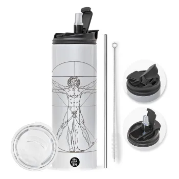 Leonardo da vinci Vitruvian Man, Travel Tumbler θερμό με διπλό καπάκι, μεταλλικό καλαμάκι και βούρτσα καθαρισμού (Ανωξείδωτο 304 Food grade, BPA free, 600ml)