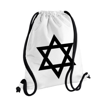 Άστρο του Δαβίδ, Τσάντα πλάτης πουγκί GYMBAG λευκή, με τσέπη (40x48cm) & χονδρά κορδόνια