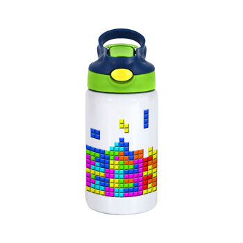 Tetris blocks, Children's hot water bottle, stainless steel, with safety straw, green, blue (350ml)