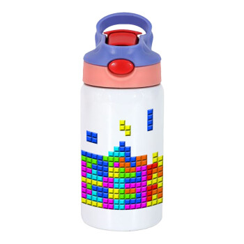 Tetris blocks, Children's hot water bottle, stainless steel, with safety straw, pink/purple (350ml)