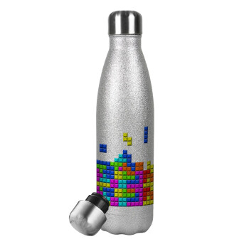 Tetris blocks, Μεταλλικό παγούρι θερμός Glitter Aσημένιο (Stainless steel), διπλού τοιχώματος, 500ml