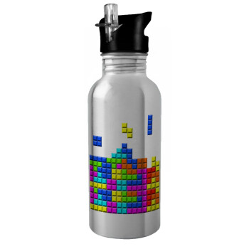 Tetris blocks, Παγούρι νερού Ασημένιο με καλαμάκι, ανοξείδωτο ατσάλι 600ml