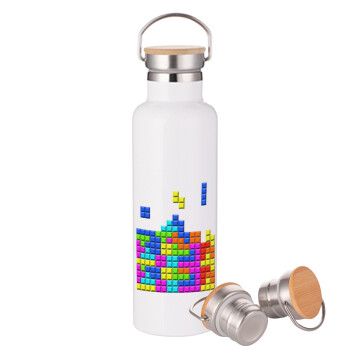 Tetris blocks, Stainless steel White with wooden lid (bamboo), double wall, 750ml