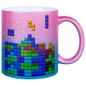 Tetris blocks, Κούπα Χρυσή/Μπλε Glitter, κεραμική, 330ml