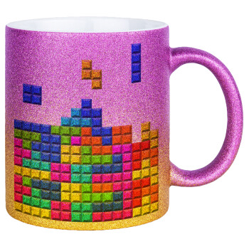 Tetris blocks, Κούπα Χρυσή/Ροζ Glitter, κεραμική, 330ml