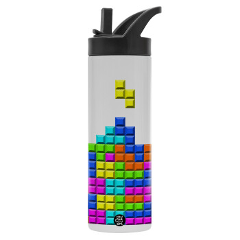 Tetris blocks, Μεταλλικό παγούρι θερμός με καλαμάκι & χειρολαβή, ανοξείδωτο ατσάλι (Stainless steel 304), διπλού τοιχώματος, 600ml