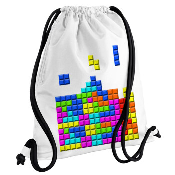Tetris blocks, Backpack pouch GYMBAG white, with pocket (40x48cm) & thick cords