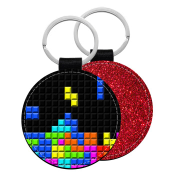 Tetris blocks, Μπρελόκ Δερματίνη, στρογγυλό ΚΟΚΚΙΝΟ (5cm)